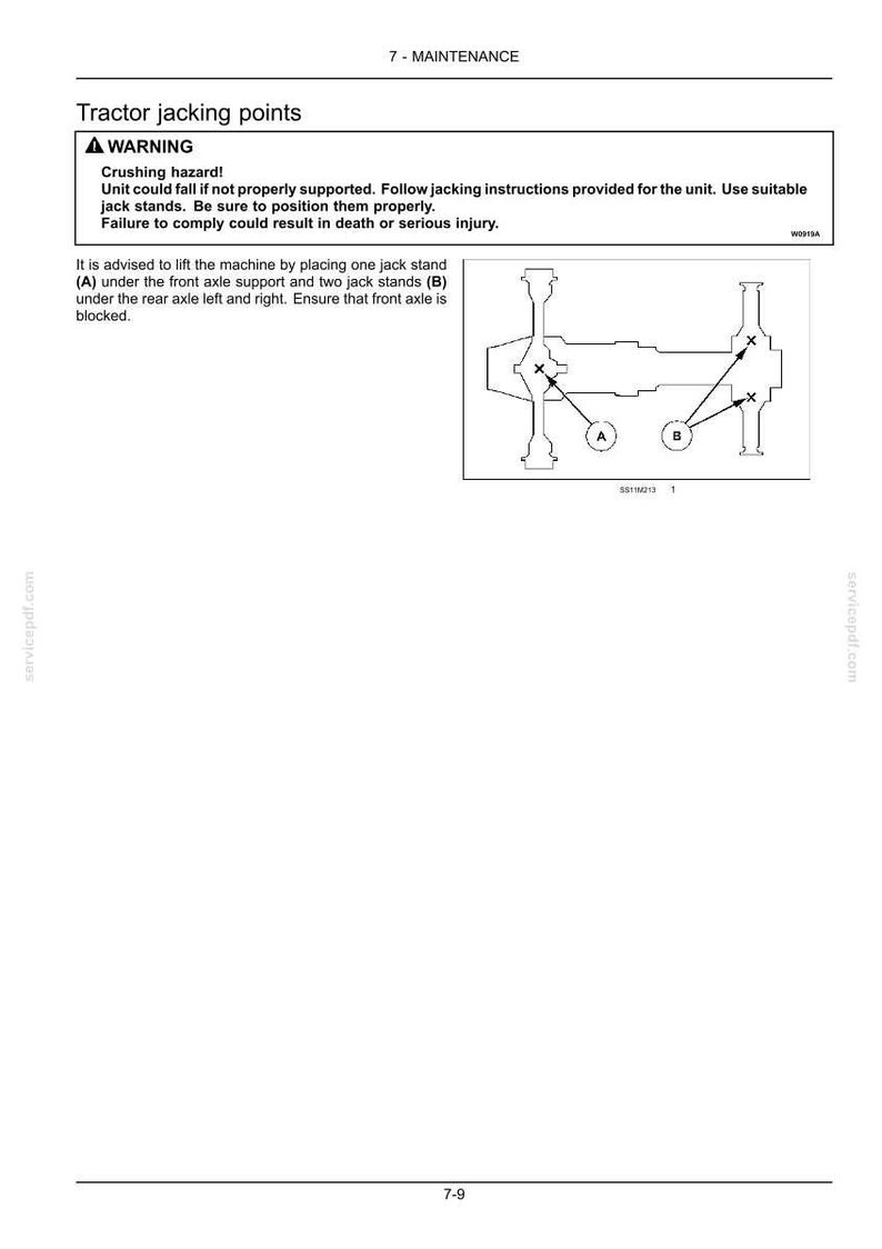 May include: A technical maintenance document page titled 7 - MAINTENANCE, Tractor jacking points. It includes a warning about crushing hazards, instructions for using jack stands, and a diagram showing points A and B on a tractor axle.