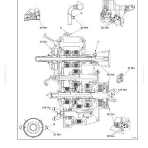 Op de afbeelding: Een technische lijntekening uit sectie 21 - Transmission, pagina 163, met een dwarsdoorsnede van een transmissie-assemblage. Het diagram bevat diverse onderdelen gelabeld A, B en C, met specifieke koppelingsspecificaties in Nm.