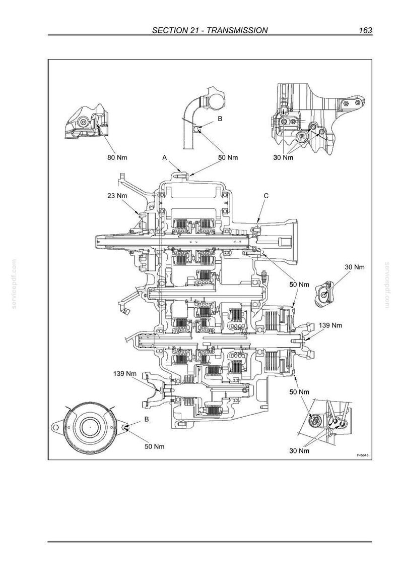 Op de afbeelding: Een technische lijntekening uit sectie 21 - Transmission, pagina 163, met een dwarsdoorsnede van een transmissie-assemblage. Het diagram bevat diverse onderdelen gelabeld A, B en C, met specifieke koppelingsspecificaties in Nm.