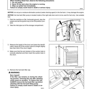 May include: Diagram of a fuel tank filler pump with instructions and safety warnings. The image includes illustrations of the pump components, including the inlet pipe, suction tube, and filler cap. Text provides safety precautions and operational steps.