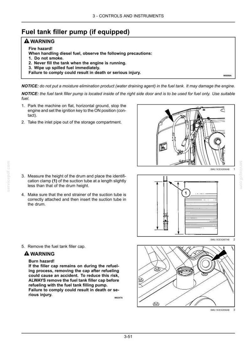 May include: Diagram of a fuel tank filler pump with instructions and safety warnings. The image includes illustrations of the pump components, including the inlet pipe, suction tube, and filler cap. Text provides safety precautions and operational steps.