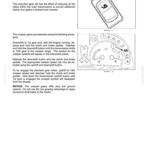 May include: A technical manual page titled 6-WORKING OPERATIONS featuring text about creeper gears, a line drawing of a snail icon on a rectangular button, and a diagram of a tractor instrument panel with numbered controls and gear symbols.