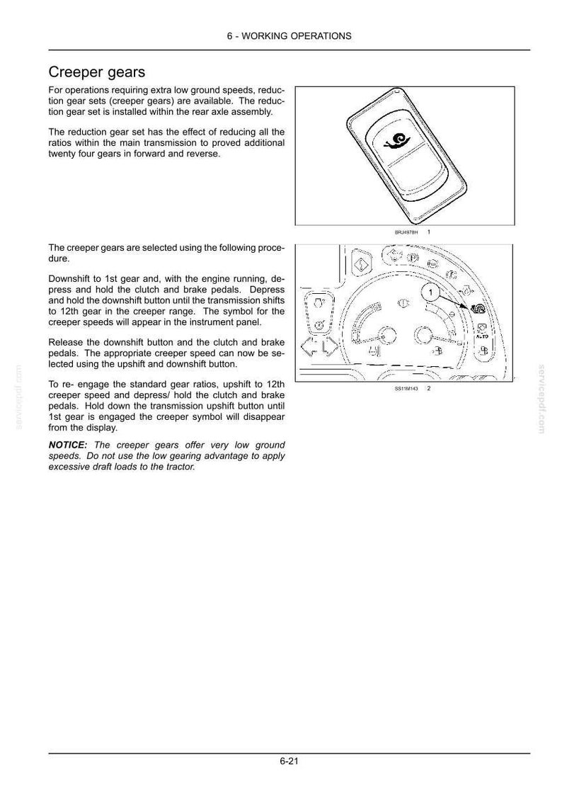 May include: A technical manual page titled 6-WORKING OPERATIONS featuring text about creeper gears, a line drawing of a snail icon on a rectangular button, and a diagram of a tractor instrument panel with numbered controls and gear symbols.