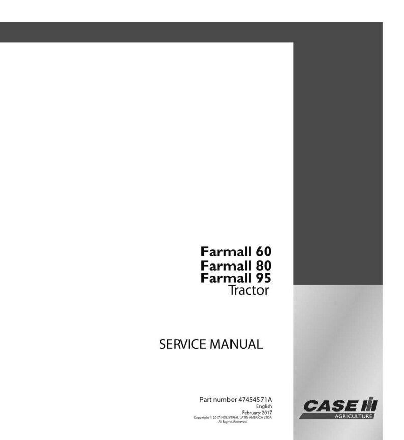 Puede incluir: Un manual de servicio blanco para tractores Farmall 60, 80 y 95. La portada incluye el texto "SERVICE MANUAL" y el logotipo de Case IH Agriculture. El n&uacute;mero de pieza del manual es 47454571A, publicado en febrero de 2017.