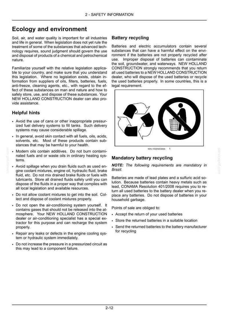 Puede incluir: Una p&aacute;gina de documento t&eacute;cnico titulada 2-SAFETY INFORMATION con secciones sobre ecolog&iacute;a, medio ambiente y reciclaje de bater&iacute;as. Incluye un s&iacute;mbolo de reciclaje en blanco y negro y un icono de prohibici&oacute;n de desecho.