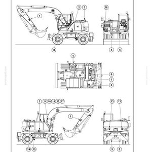 May include: Diagram of a wheeled excavator with a monoboom attachment, showing various components labeled with numbers. The diagram includes side and front views, with the text "SECTION 1" and "POSITION OF DECALS".