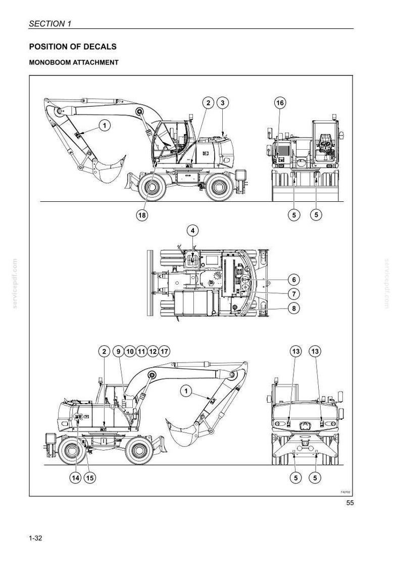 May include: Diagram of a wheeled excavator with a monoboom attachment, showing various components labeled with numbers. The diagram includes side and front views, with the text "SECTION 1" and "POSITION OF DECALS".
