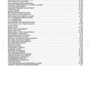 May include: A black and white technical manual index page listing various tractor operations and maintenance topics such as hydraulic power, hitch operation, transmission controls, and tyre inflation with corresponding page numbers.