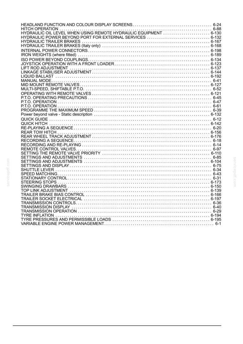 May include: A black and white technical manual index page listing various tractor operations and maintenance topics such as hydraulic power, hitch operation, transmission controls, and tyre inflation with corresponding page numbers.