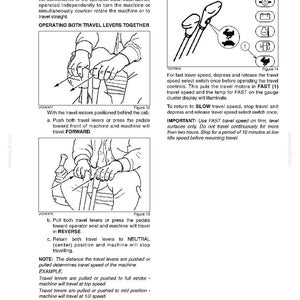 Peut inclure: Page d'un manuel d'utilisation avec des sch&eacute;mas et du texte. Le manuel d&eacute;taille les commandes de d&eacute;placement de la machine, y compris les leviers et un s&eacute;lecteur de vitesse de d&eacute;placement. Les illustrations montrent les positions des leviers.