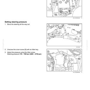 May include: Diagram of hydraulic systems with instructions for setting steering pressure. Includes illustrations of a vibro switch valve and steps to adjust pressure using an Allen screw. Steering pressure is 170-190 bar (2465-2755 psi).