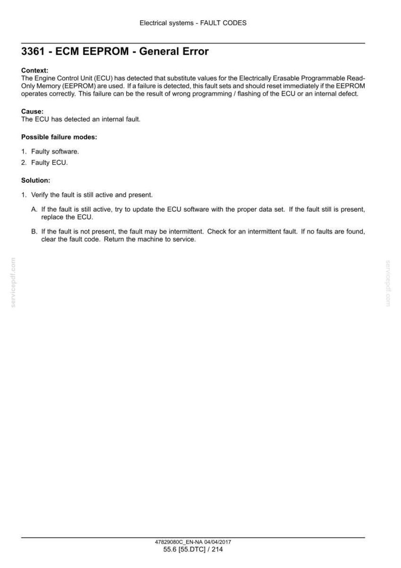May include: A document titled "Electrical systems - FAULT CODES" with the text "3361 - ECM EEPROM - General Error." It provides context, cause, possible failure modes, and solutions for an ECU error. The document includes a date and version number.