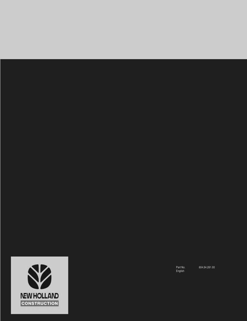 May include: A black manual cover featuring a light gray header and a square logo in the bottom left corner. The logo displays the New Holland Construction emblem and text. The text Part No. 604.54.261.00 and English are printed in white.