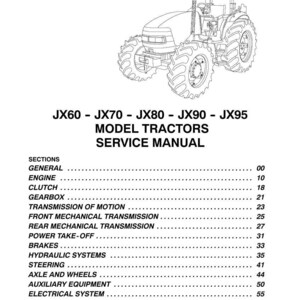 May include: Black and white line drawing of a Case IH tractor. The image is a service manual cover for JX60-JX70-JX80-JX90 - JX95 model tractors. The manual's table of contents is also visible.