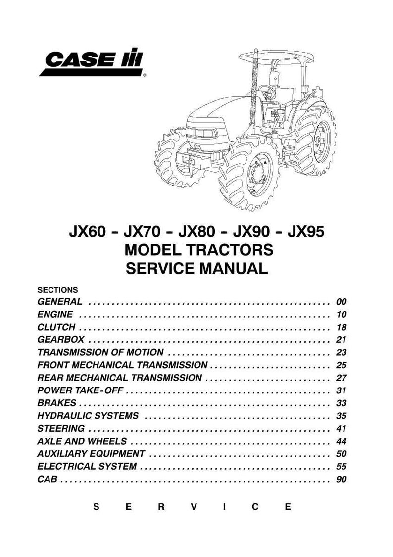 May include: Black and white line drawing of a Case IH tractor. The image is a service manual cover for JX60-JX70-JX80-JX90 - JX95 model tractors. The manual's table of contents is also visible.