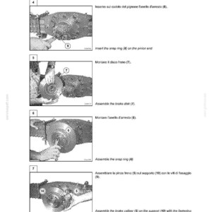 May include: A technical diagram from CARRARO, detailing brake disk group assembly. The black and white images show step-by-step instructions with labels and arrows. Text includes "Insert the snap ring," "Assemble the brake disk," and "Assemble the brake caliper."