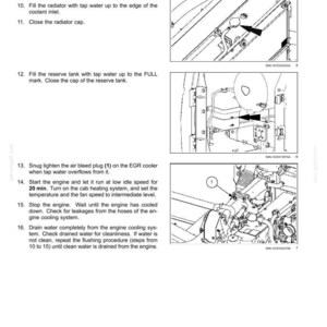 May include: Diagram illustrating the flushing of an engine cooling system. The image includes numbered steps and close-up views of engine components, such as the radiator cap, reserve tank, and air bleed plug. Text instructions accompany the diagrams.
