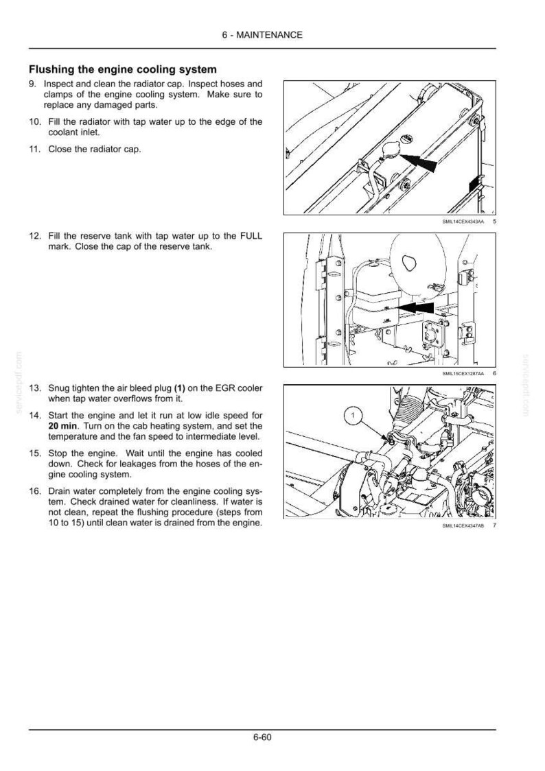 May include: Diagram illustrating the flushing of an engine cooling system. The image includes numbered steps and close-up views of engine components, such as the radiator cap, reserve tank, and air bleed plug. Text instructions accompany the diagrams.
