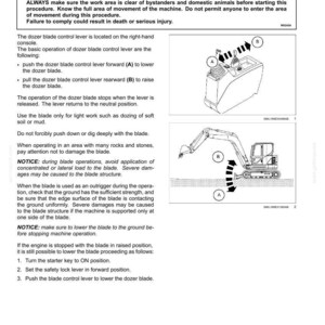 May include: Diagram of a dozer blade control lever with instructions. The image includes a warning about hazards to bystanders and details on lowering and raising the blade. The diagram shows the lever's position and operation.