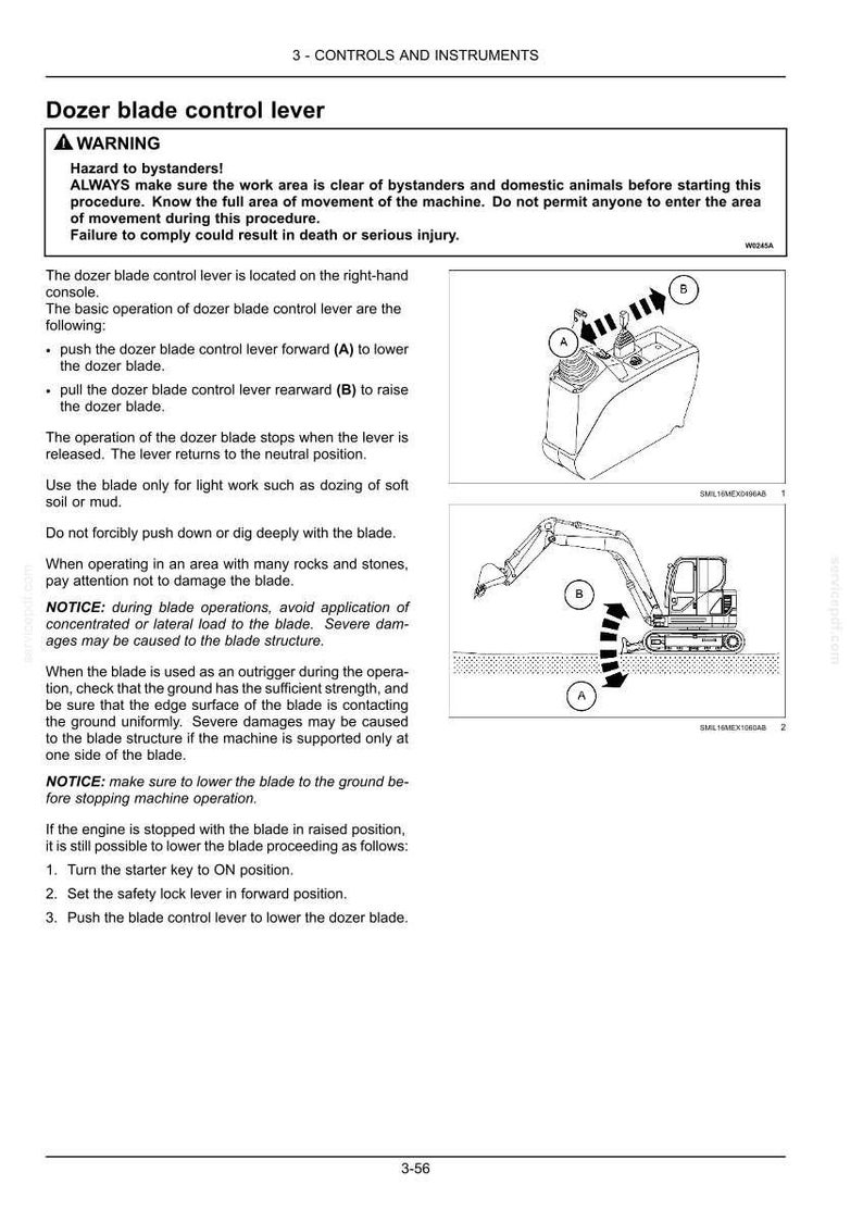 May include: Diagram of a dozer blade control lever with instructions. The image includes a warning about hazards to bystanders and details on lowering and raising the blade. The diagram shows the lever's position and operation.
