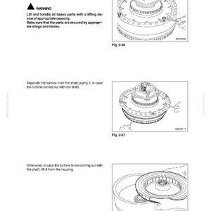 K&ouml;nnte beinhalten: Diagramme aus einem Handbuch, das die Demontage des Getriebes detailliert. Die Bilder zeigen den Vorgang des Entfernens und Trennens der Turbine vom Geh&auml;use. Der Text enth&auml;lt Warnhinweise zum Umgang mit schweren Teilen und Sicherheitsvorkehrungen.