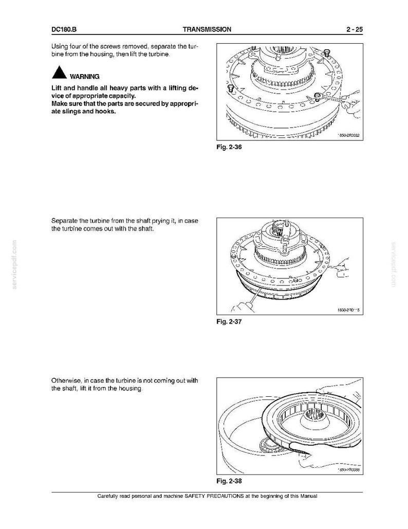 K&ouml;nnte beinhalten: Diagramme aus einem Handbuch, das die Demontage des Getriebes detailliert. Die Bilder zeigen den Vorgang des Entfernens und Trennens der Turbine vom Geh&auml;use. Der Text enth&auml;lt Warnhinweise zum Umgang mit schweren Teilen und Sicherheitsvorkehrungen.