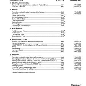 May include: A printed table of contents for 580LE-SLE-LSP-LPS 590SLE-LSP loader backhoes. The document includes sections on engine, fuel system, electrical system, and steering, with reference numbers.
