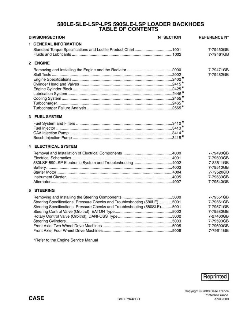 May include: A printed table of contents for 580LE-SLE-LSP-LPS 590SLE-LSP loader backhoes. The document includes sections on engine, fuel system, electrical system, and steering, with reference numbers.