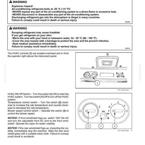 May include: Diagram of HVAC controls with warnings about refrigerant. Includes a diagram of the control panel with numbered switches for the HVAC system, temperature, and blower speed. Text includes safety warnings.