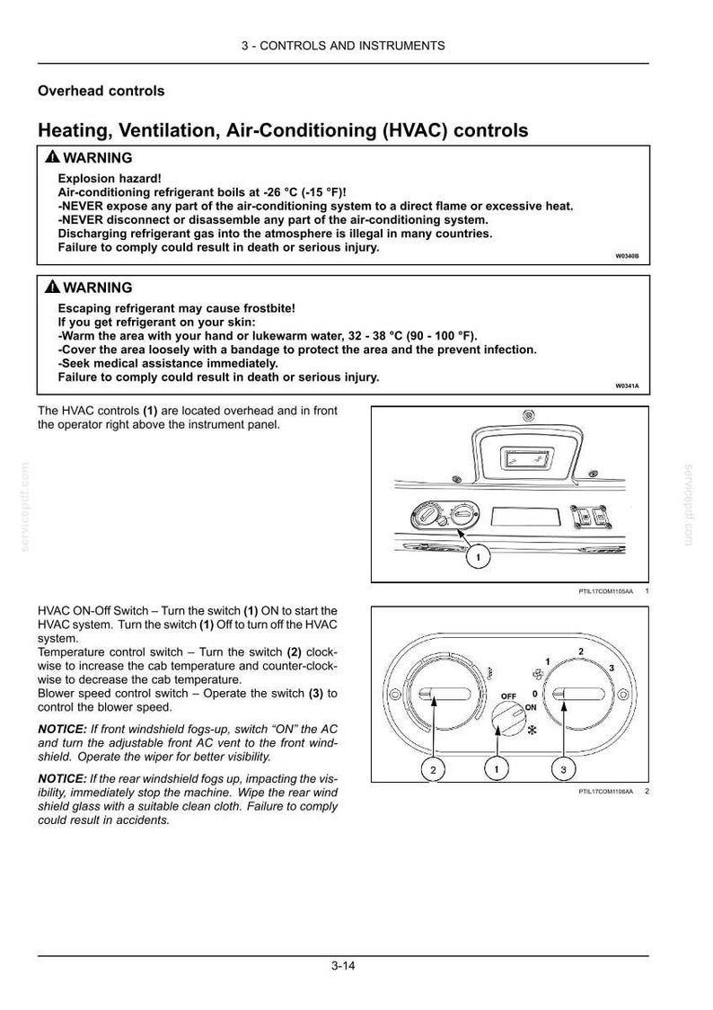 May include: Diagram of HVAC controls with warnings about refrigerant. Includes a diagram of the control panel with numbered switches for the HVAC system, temperature, and blower speed. Text includes safety warnings.