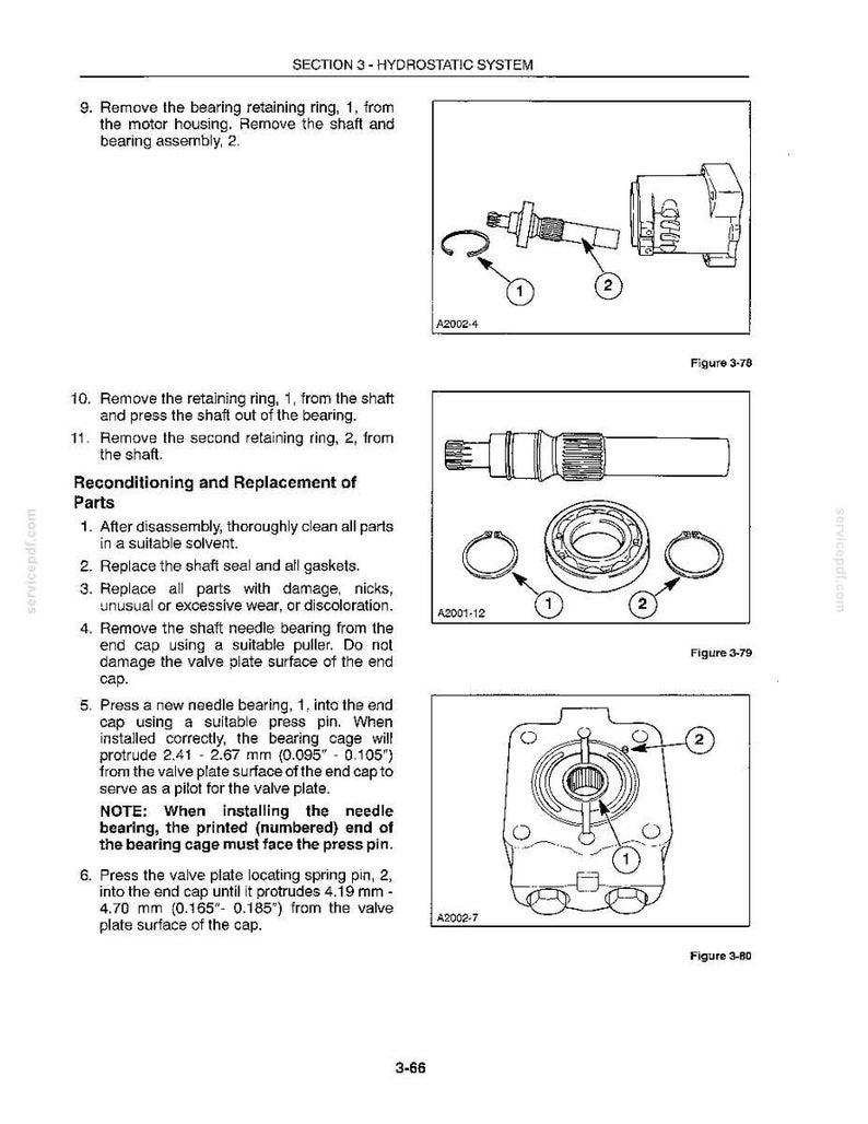 May include: A technical manual page titled Section 3 - Hydrostatic System, featuring three diagrams labeled Figure 3-78, 3-79, and 3-80. The diagrams illustrate mechanical components including shafts, bearings, retaining rings, and a valve plate with text.