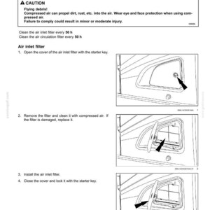 May include: Page from a maintenance manual detailing air conditioner filter maintenance. Instructions include opening the cover, removing and cleaning the filter, and reinstalling it. Safety warnings are included.