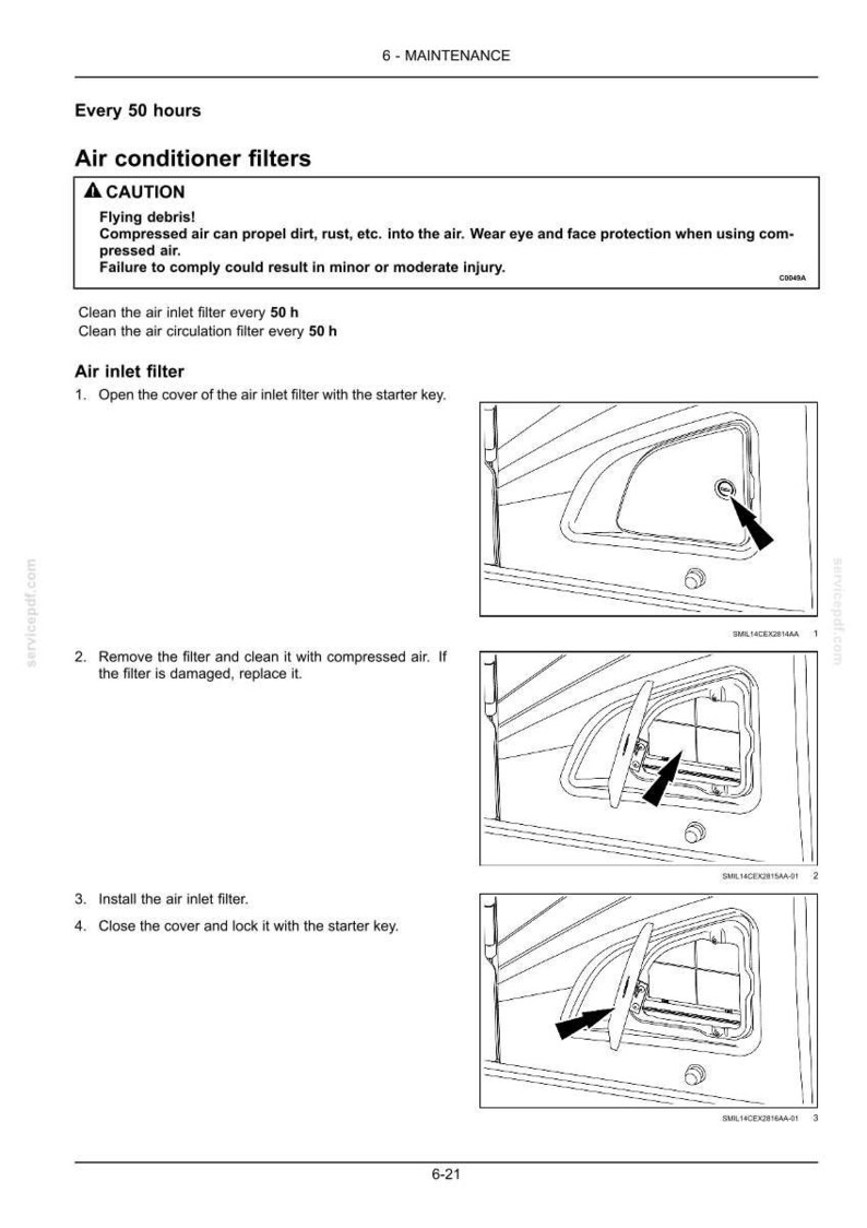 May include: Page from a maintenance manual detailing air conditioner filter maintenance. Instructions include opening the cover, removing and cleaning the filter, and reinstalling it. Safety warnings are included.