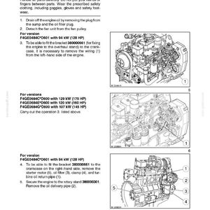K&ouml;nnte beinhalten: Zeichnung eines Motors mit nummerierten Teilen und Text, der Wartungsverfahren und Sicherheitshinweise erl&auml;utert. Der Text enth&auml;lt Motorspezifikationen in kW und PS. Seite aus einem Handbuch.