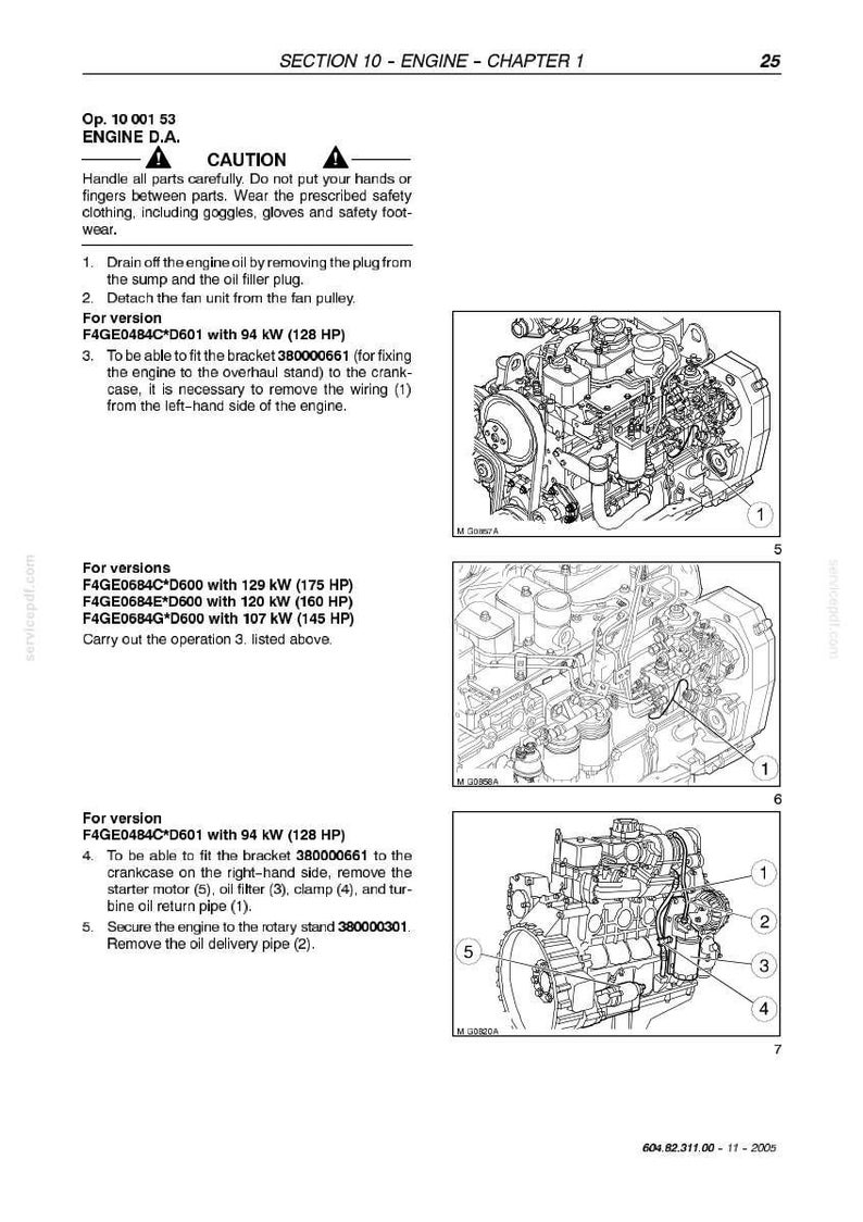 K&ouml;nnte beinhalten: Zeichnung eines Motors mit nummerierten Teilen und Text, der Wartungsverfahren und Sicherheitshinweise erl&auml;utert. Der Text enth&auml;lt Motorspezifikationen in kW und PS. Seite aus einem Handbuch.