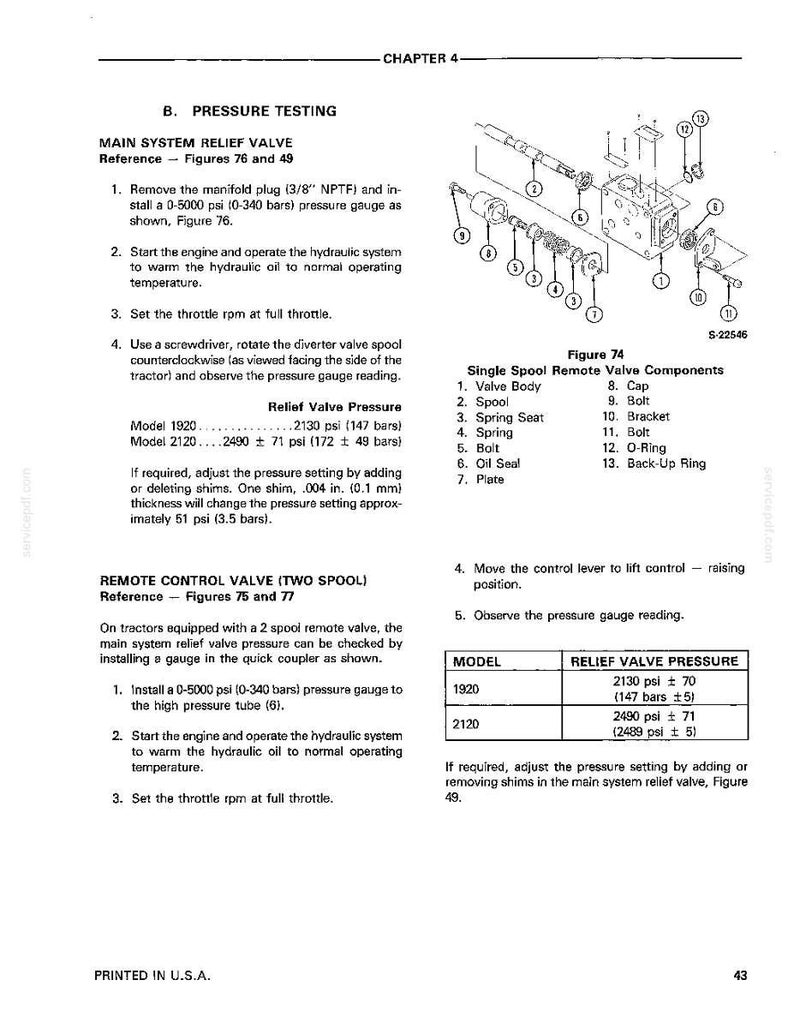 May include: A technical diagram from a manual detailing pressure testing procedures for a tractor's hydraulic system. The image includes text, diagrams of valve components, and pressure readings in psi and bars.