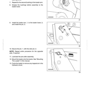 May include: A technical manual page titled SECTION 3 - MAINTENANCE AND LUBRICATION, featuring three black and white line drawings illustrating the installation of bushings, a loader arm, and a click pin on machinery, with numbered reference labels.