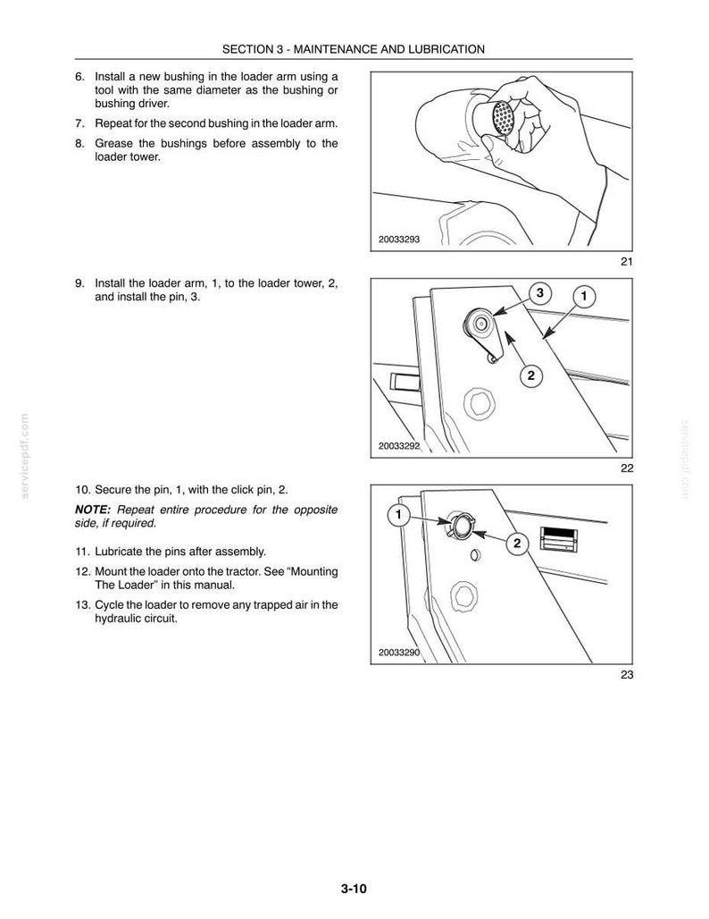May include: A technical manual page titled SECTION 3 - MAINTENANCE AND LUBRICATION, featuring three black and white line drawings illustrating the installation of bushings, a loader arm, and a click pin on machinery, with numbered reference labels.