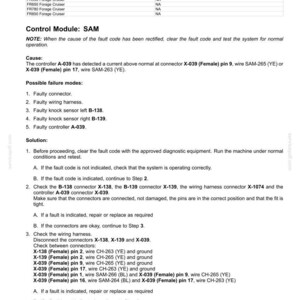 May include: A technical document detailing fault codes for electrical systems, specifically for a 'Knocksensor analog - Current above normal or grounded circuit'. Includes troubleshooting steps, connector checks, and wiring harness inspection instructions.
