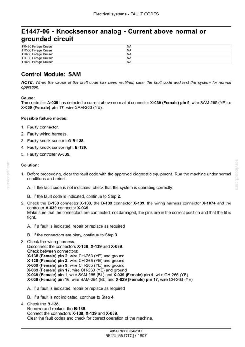 May include: A technical document detailing fault codes for electrical systems, specifically for a 'Knocksensor analog - Current above normal or grounded circuit'. Includes troubleshooting steps, connector checks, and wiring harness inspection instructions.