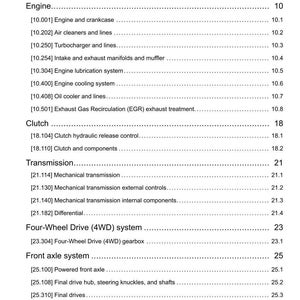 May include: A page from a manual titled "Contents" with a list of engine, clutch, transmission, and axle system components. The text is black on a white background.