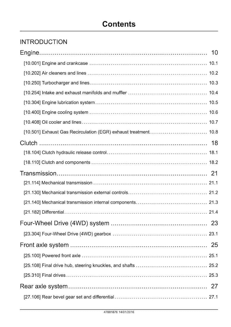 May include: A page from a manual titled "Contents" with a list of engine, clutch, transmission, and axle system components. The text is black on a white background.