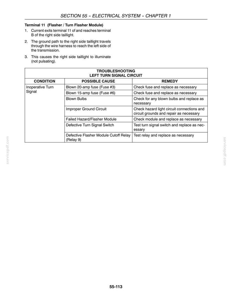 May include: A technical document page titled SECTION 55 - ELECTRICAL SYSTEM - CHAPTER 1. It details Terminal 11 Flasher/Turn Flasher Module operations and a troubleshooting table for the Left Turn Signal Circuit, listing conditions, causes, and remedies.
