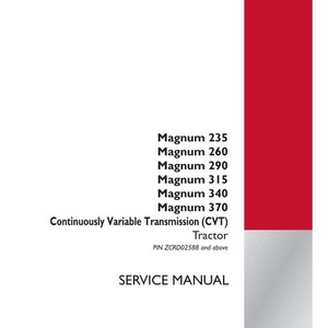 May include: A white service manual with red accents. The text includes "Magnum" model numbers, "Continuously Variable Transmission (CVT) Tractor", and "SERVICE MANUAL". The Case IH Agriculture logo is in the bottom right.