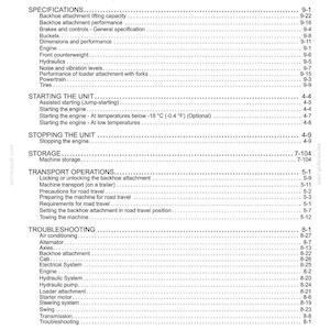 Pu&ograve; includere: Una pagina di indice in bianco e nero tratta da un manuale tecnico. Il testo elenca sezioni tra cui norme di sicurezza, trasporto, specifiche, avvio dell'unit&agrave;, arresto dell'unit&agrave;, stoccaggio, operazioni di trasporto e risoluzione dei problemi.