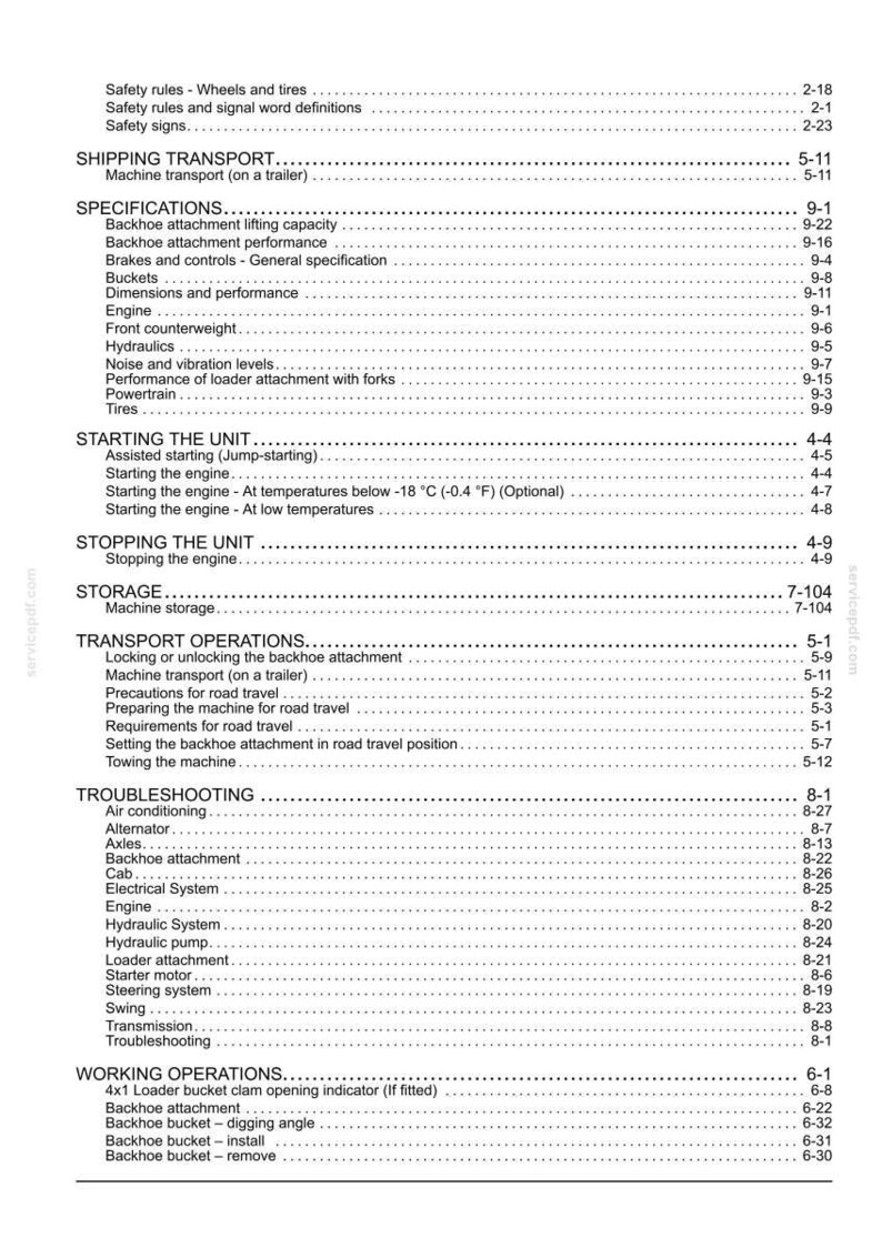 Pu&ograve; includere: Una pagina di indice in bianco e nero tratta da un manuale tecnico. Il testo elenca sezioni tra cui norme di sicurezza, trasporto, specifiche, avvio dell'unit&agrave;, arresto dell'unit&agrave;, stoccaggio, operazioni di trasporto e risoluzione dei problemi.