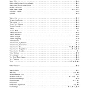 May include: A black and white printed index page from a tractor manual, featuring a list of technical topics ranging from Servicing the Tractor to Work Lamps, with corresponding page numbers listed in a column on the right side of the document.