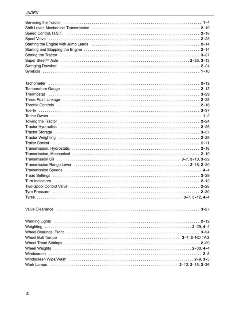 May include: A black and white printed index page from a tractor manual, featuring a list of technical topics ranging from Servicing the Tractor to Work Lamps, with corresponding page numbers listed in a column on the right side of the document.
