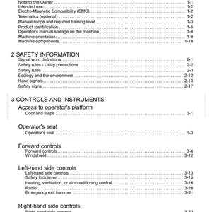 Puede incluir: Un detallado &iacute;ndice de un manual, con secciones sobre informaci&oacute;n general, seguridad y controles. El texto es negro sobre fondo blanco, con n&uacute;meros de p&aacute;gina a la derecha.