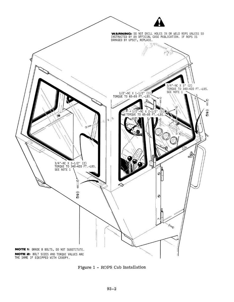 May include: Isometric line drawing of a ROPS cab installation. The diagram shows the cab's structure, including windows, a steering wheel, and control levers. Text includes warnings, bolt sizes, and torque values. The image is labeled "Figure 1 - ROPS Cab Installation."